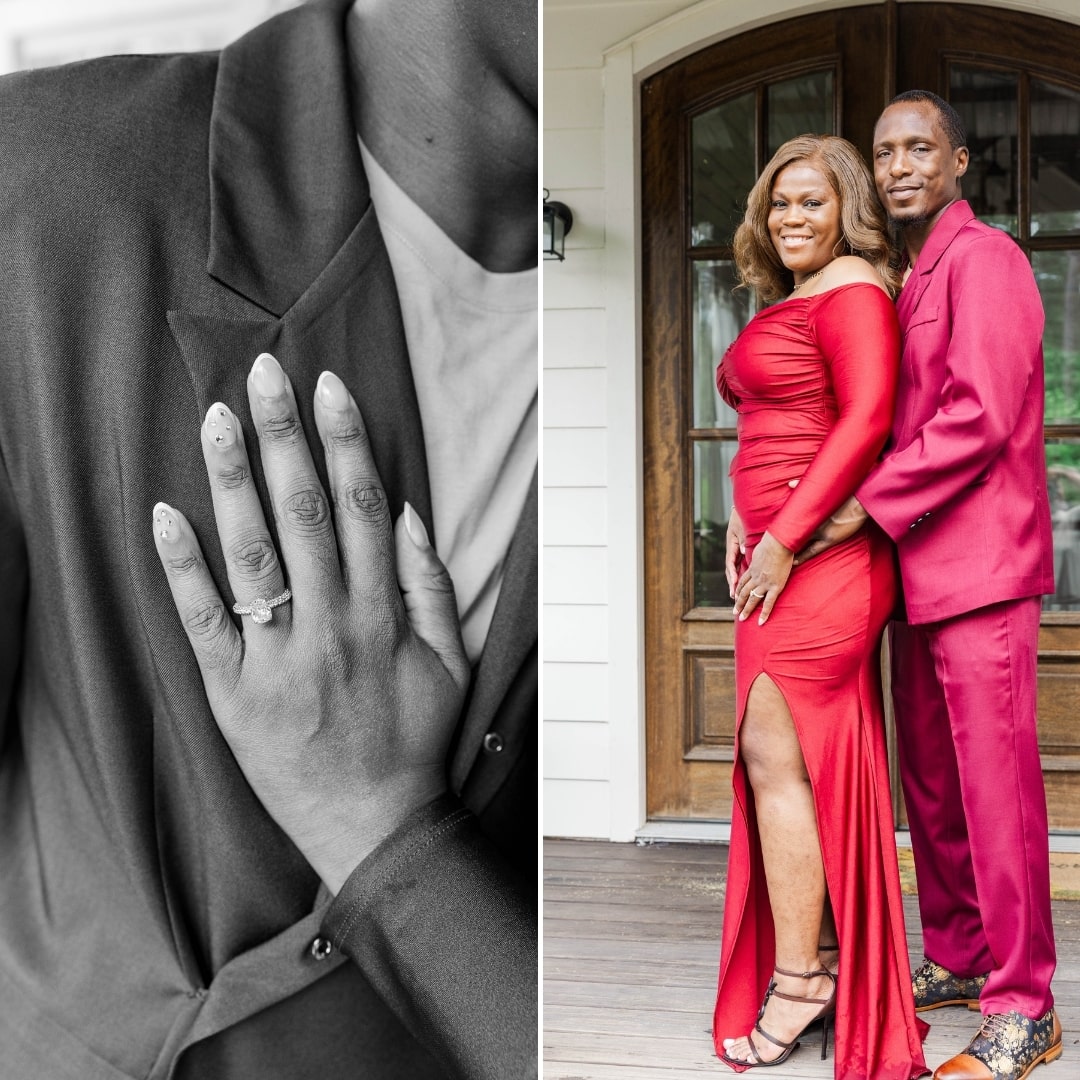 Showing off the engagment ring on on the pinehill pavilion side area. 