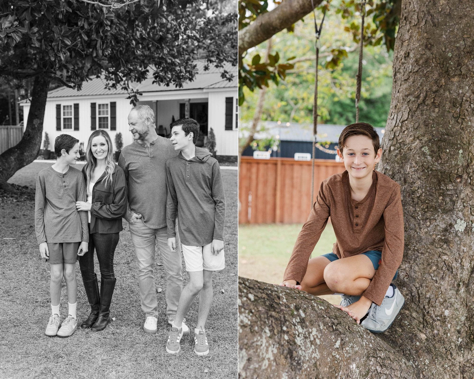 black and white pictures and kids in the tree