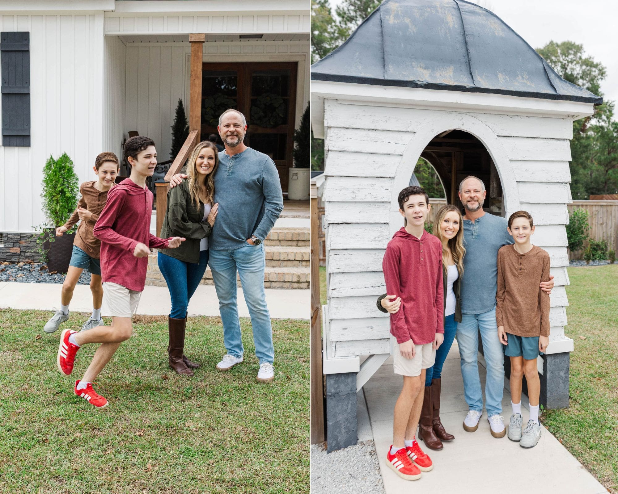 running toward the camera smiling during a farm family photo session in North Carolina