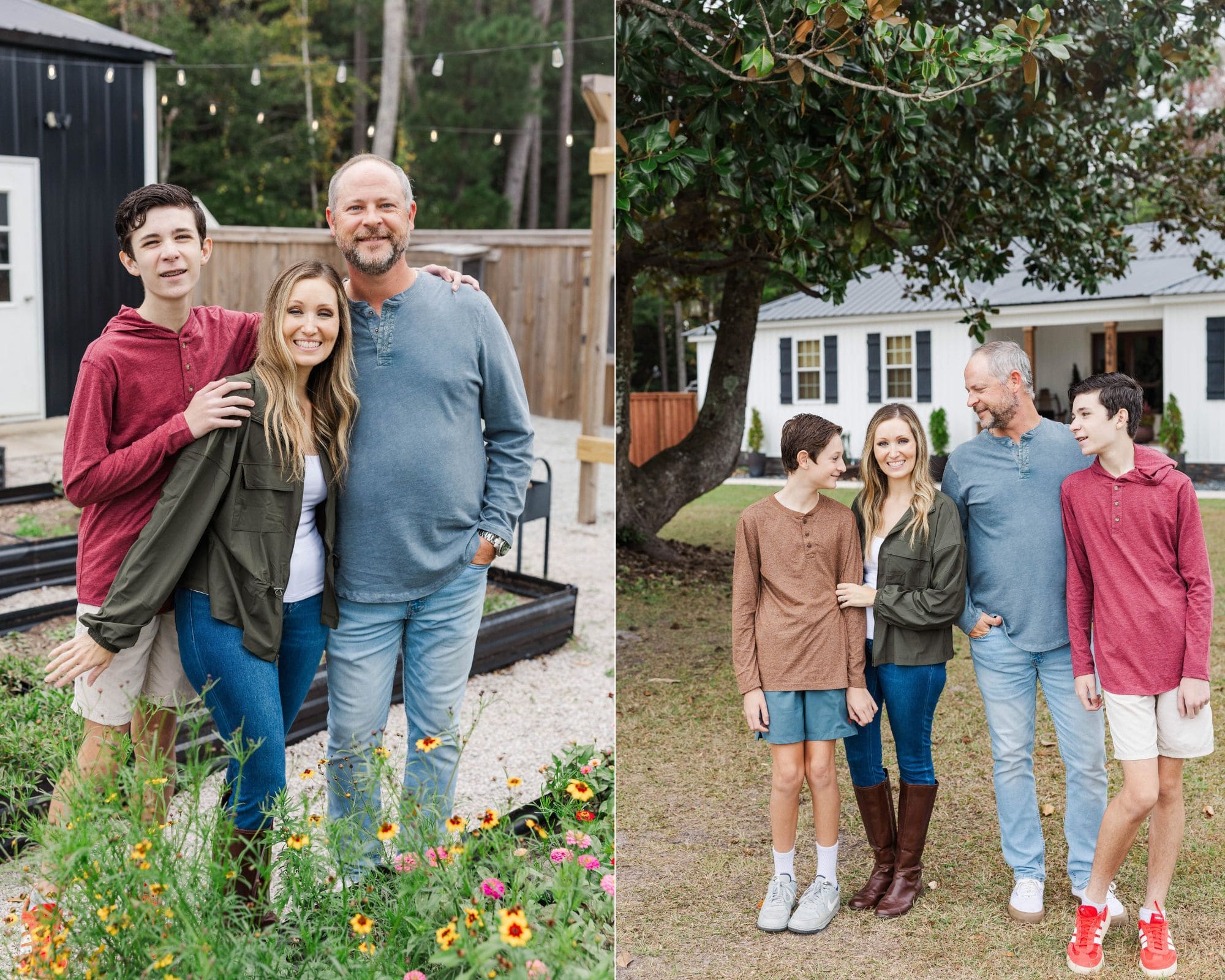 Family portrait in front of rustic farm fencing during a professional photography session in Newport, North Carolina.