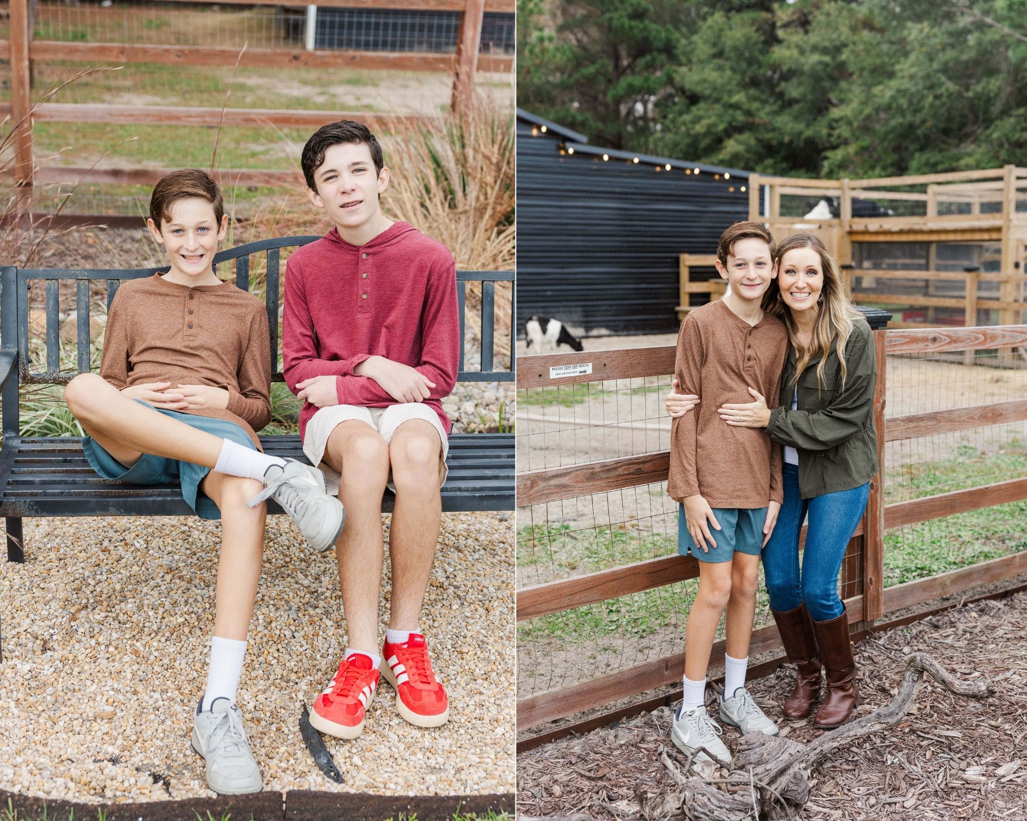 Portrait of a smiling family holding hands in an open farm landscape in Newport, North Carolina
