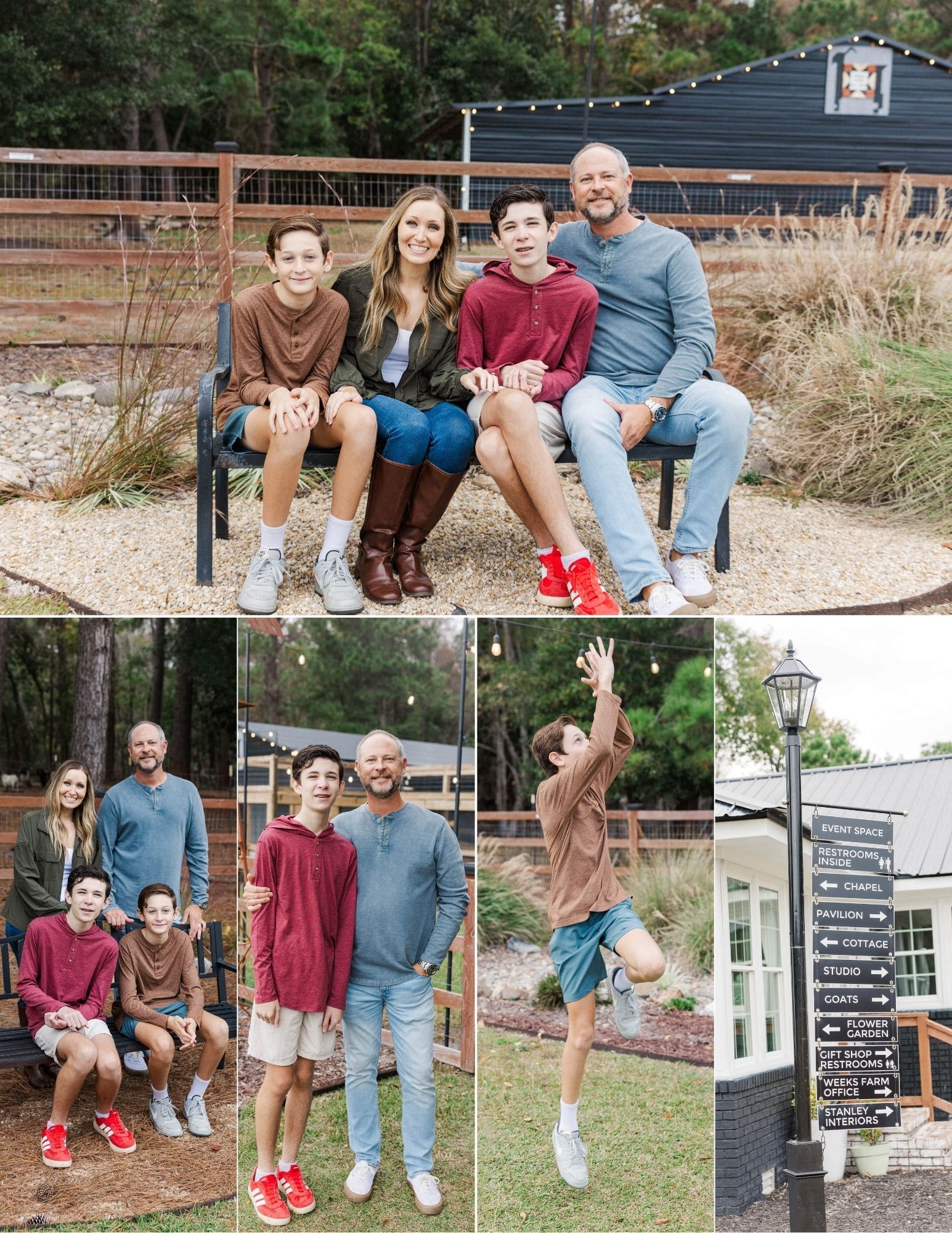 Family of four sitting on a rustic wooden fence at Weeks Farm in Newport, North Carolina